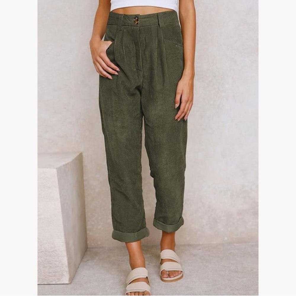 Straight leg corduroy pants  (elastic waist)- Olive